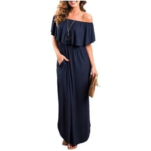 Navy blue Off The Shoulder with Side Split Maxi Dress